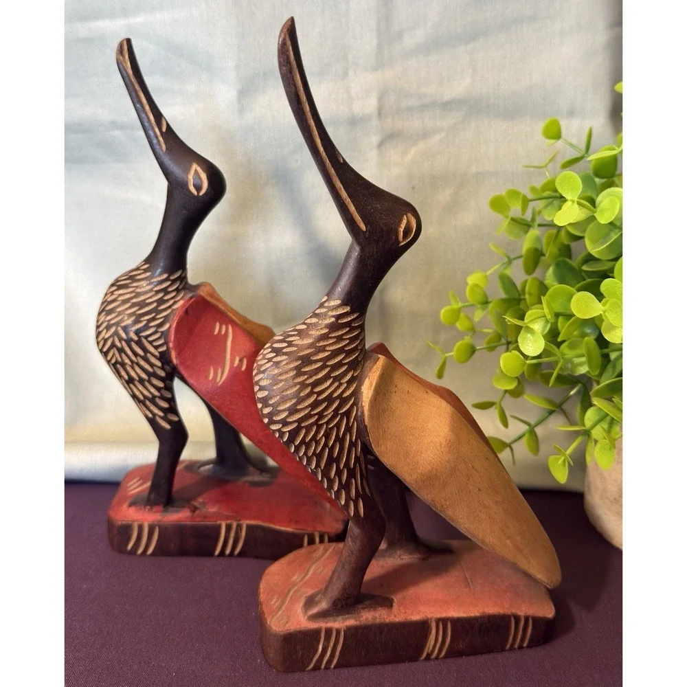 Wood Carved Hand Painted Bird on Stand Set of 2 Crane/Heron/Stork Figurine